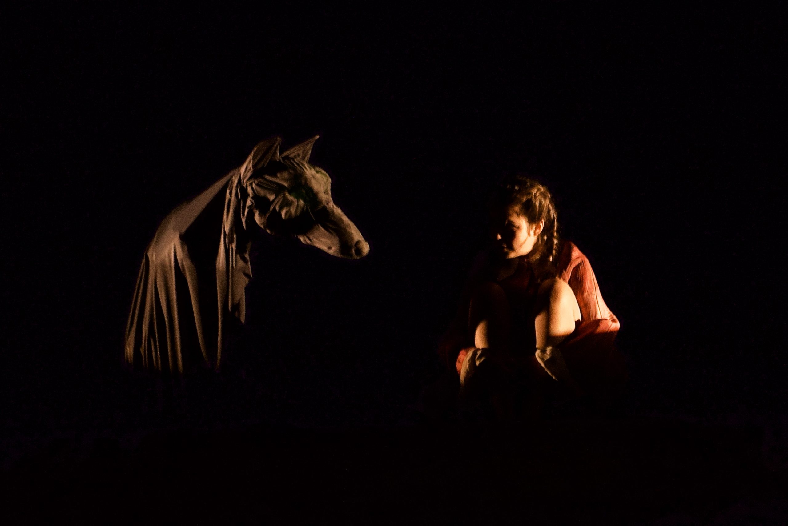 La petite fille parle au loup dans le noir. Dans le spectacle Les Petites bêtes.